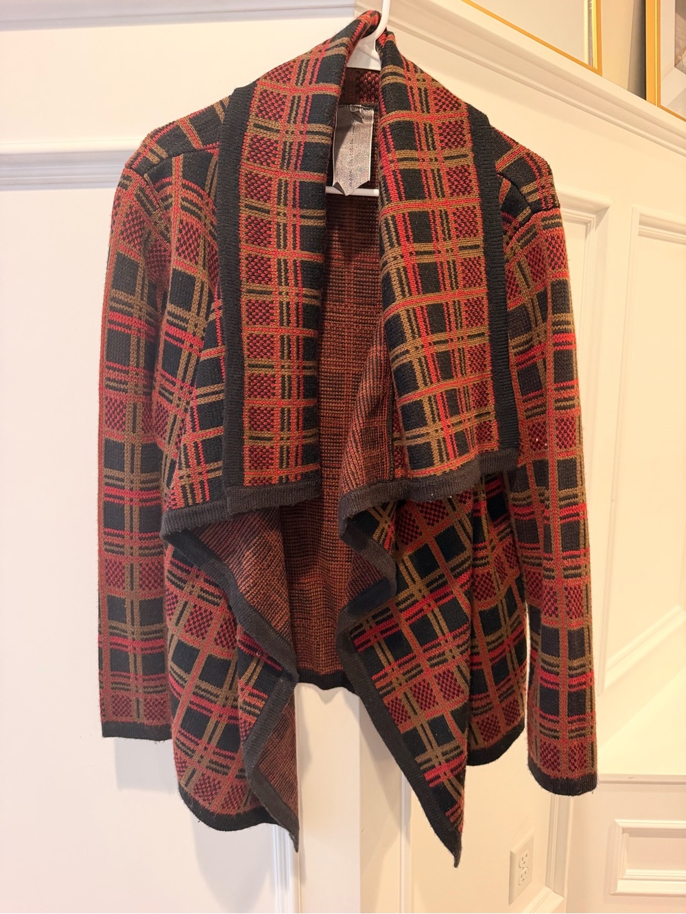 Moon Collection Plaid Open-Front Cardigan in Burgundy, Black and Olive